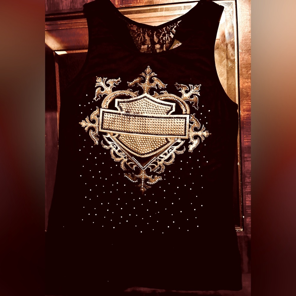 Harley Davidson Black & rhinestone/lace Tank Top.